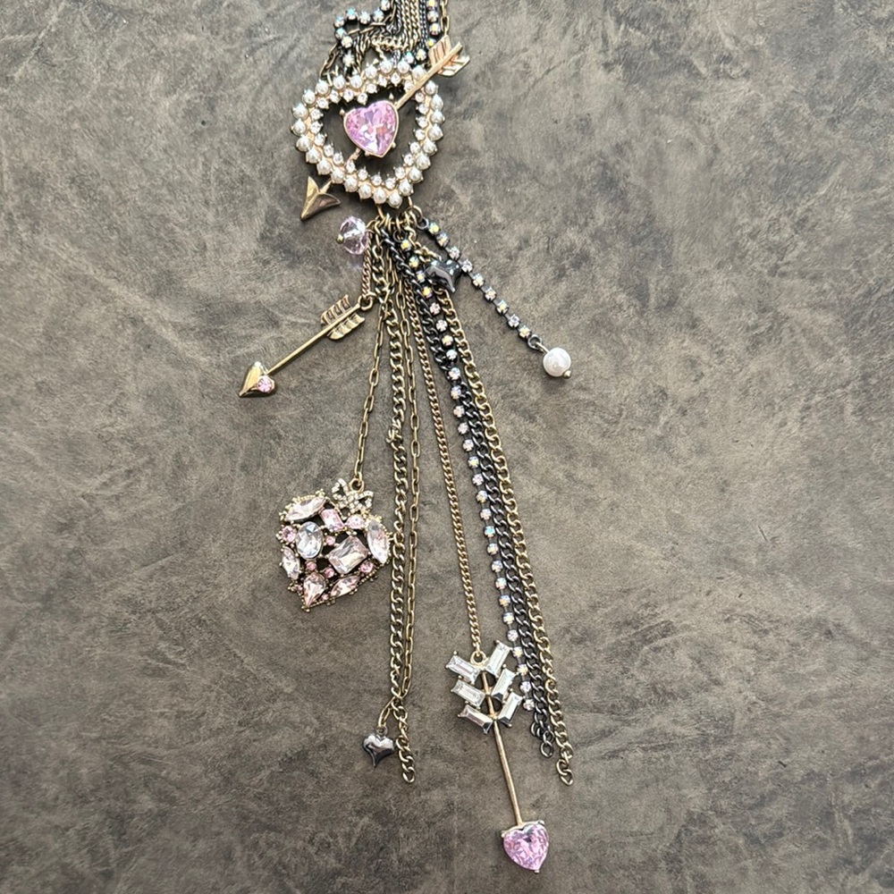 Betsey Johnson Silver Heart Pendant Necklace with Pink Stone and Crystal Accents